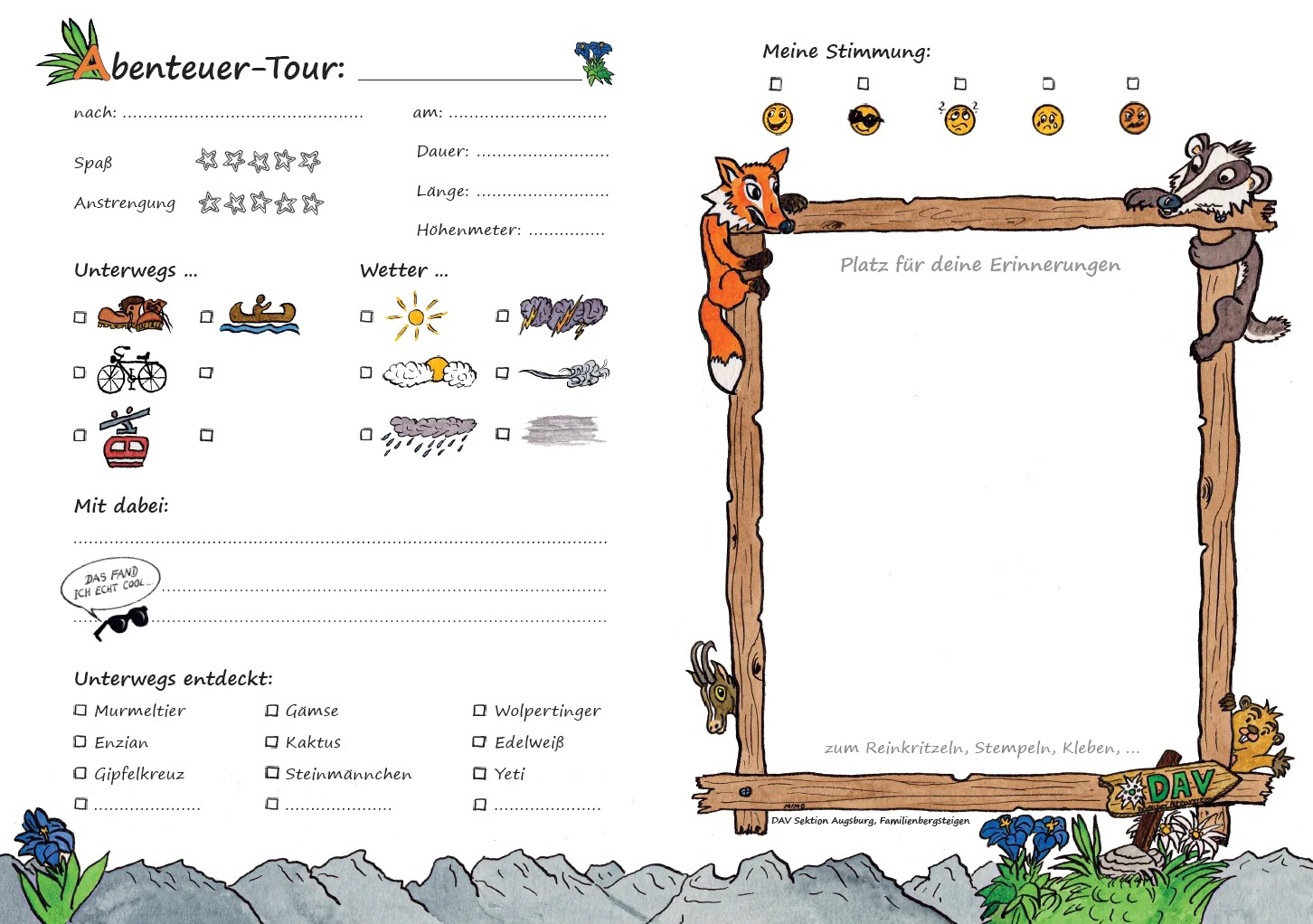 Vorlage Tourenbuch für Kinder | © DAV Augsburg, Familienbergsteigen