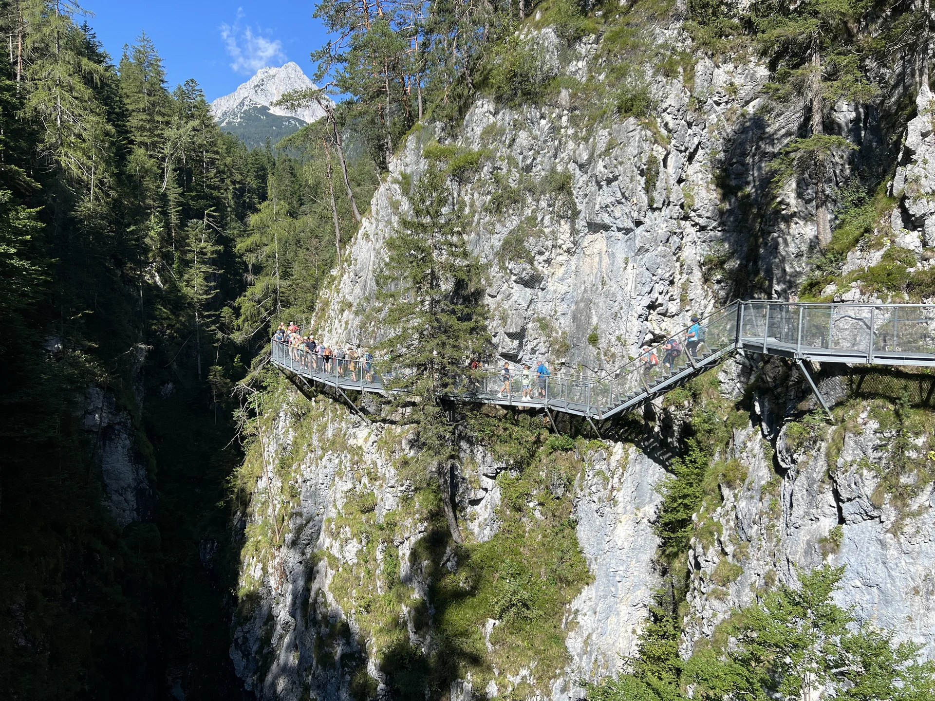 Blick von der Panoramabrücke auf den Weg durch die Leutaschklamm | © DAV Augsburg Senioren