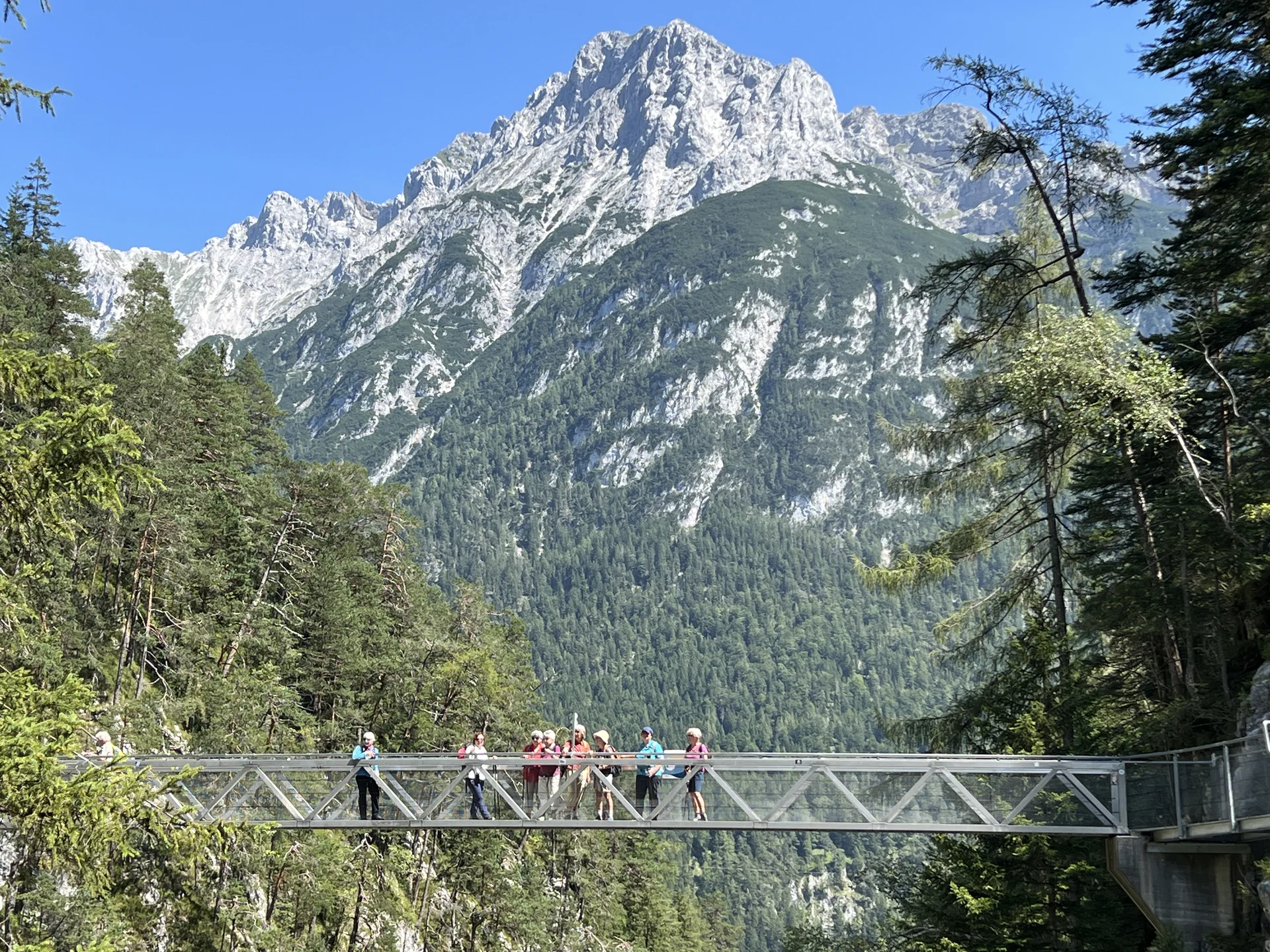 Ein Teil der C-Gruppe auf der Panoramabrücke in der Leutaschklamm | © DAV Augsburg Senioren