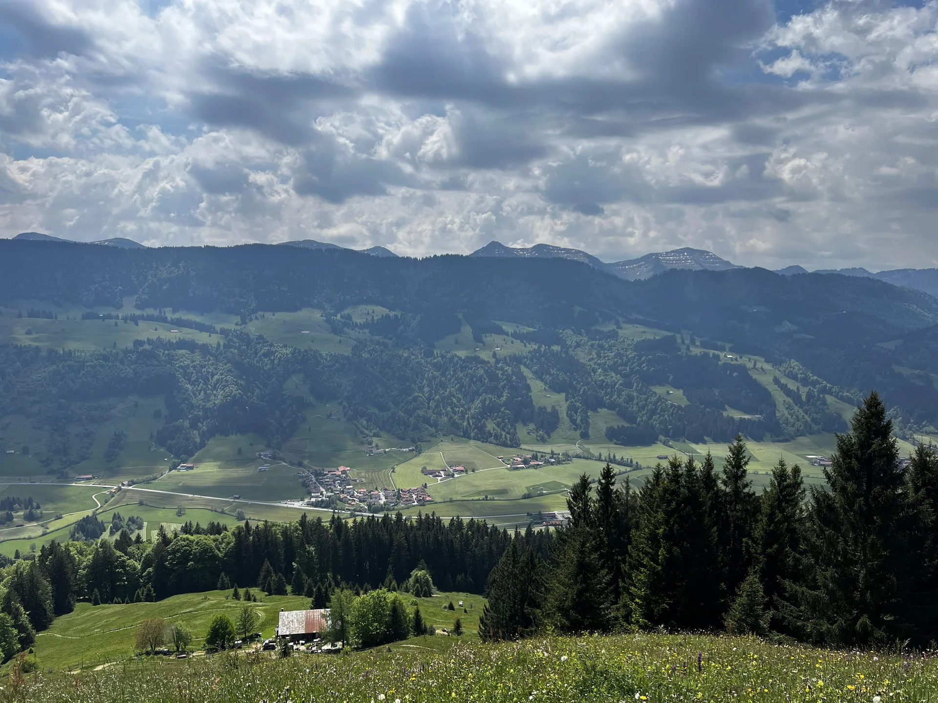 Von der Salmaser zur Thaler Höhe - am Aussichtspunkt Ochsenschache, Blick auf Schneidersalpe, Konstanzer (im Tal) und, im Hintergrund Prodelkamm | © DAV Augsburg Senioren