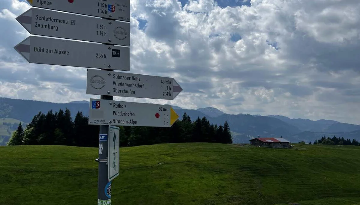 Wegweiser auf der Thaler Höhe (1.167 m), im Hintergrund die Neuschwand-Alpe | © DAV Augsburg Senioren