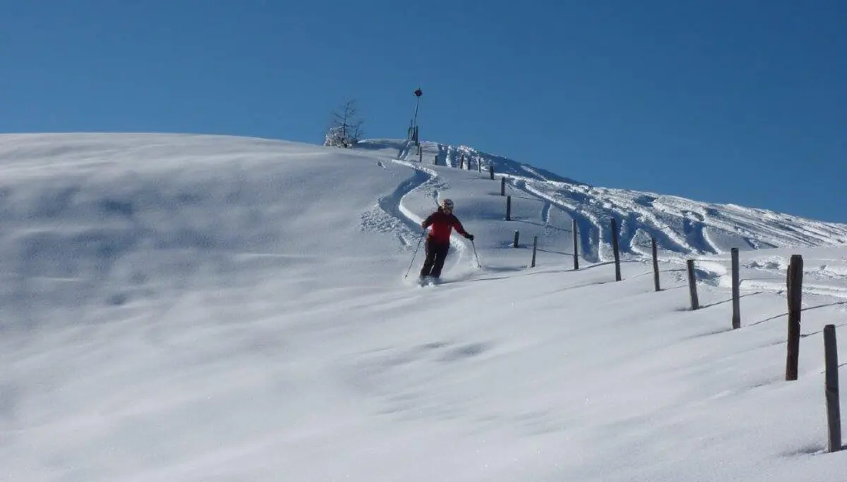 Eine Teilnehmerin der SkiAlpinfahrten der DAV Sektion Augsburg fährt im Tiefschnee Ski. | © Hartmut Seelus