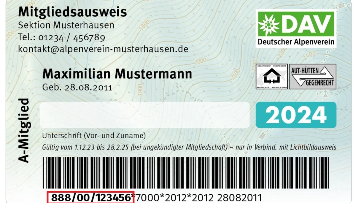 DAV Musterausweis mit markierter Mitgliedsnummer | © DAV Augsburg
