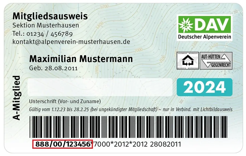 DAV Musterausweis mit markierter Mitgliedsnummer | © DAV Augsburg