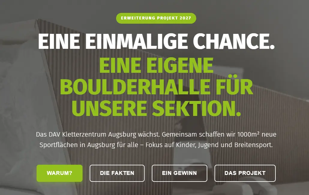 Screenshot der MicroSite zum Projekt Boulderhalle | © DAV Augsburg e.V.