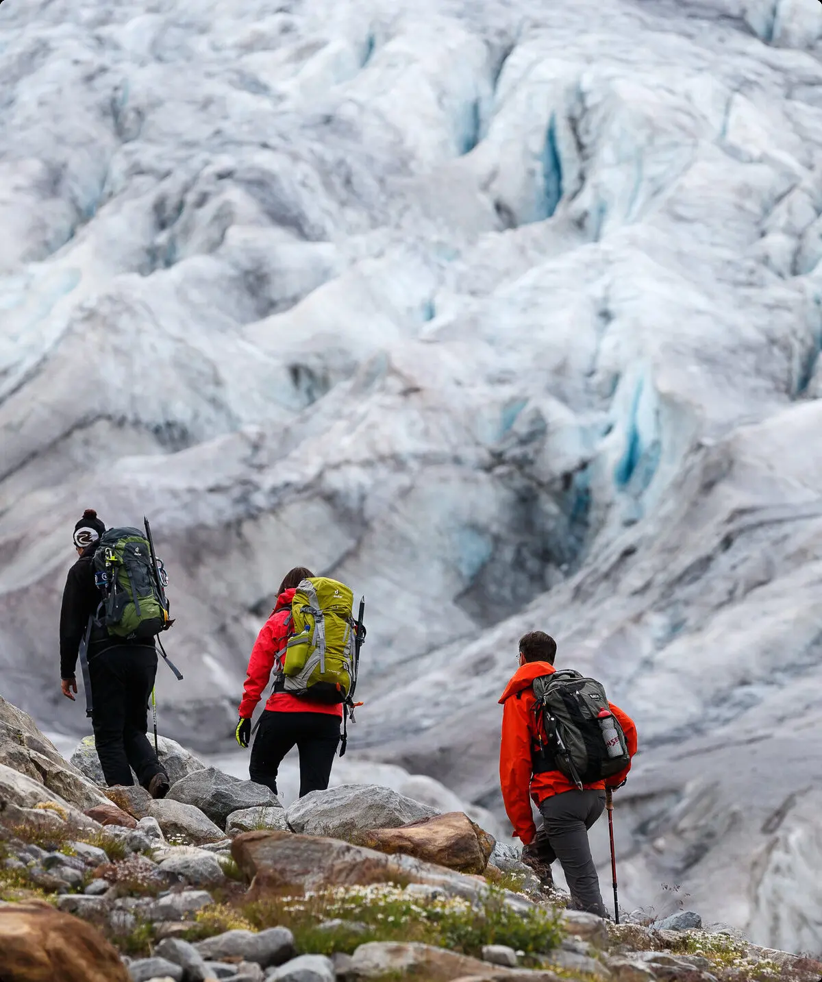 Hochtour: drei Wanderer laufen mit Rucksack über den Gepatschferner zur Rauhekopfhütte. | © DAV/Marco Kost